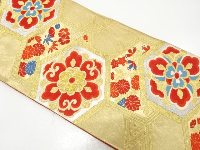 JAPANESE KIMONO / ANTIQUE FUKURO OBI / SILK / WOVEN KIKKO & FLORAL CREST & FLORAL PLANTS